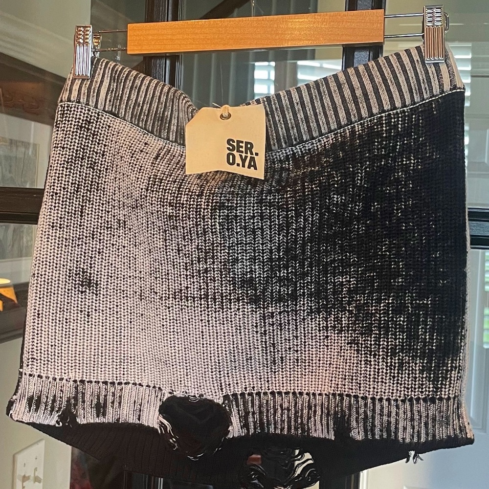 Free People Distressed Cable Knit Mini Skirt Black Acid Washed - L